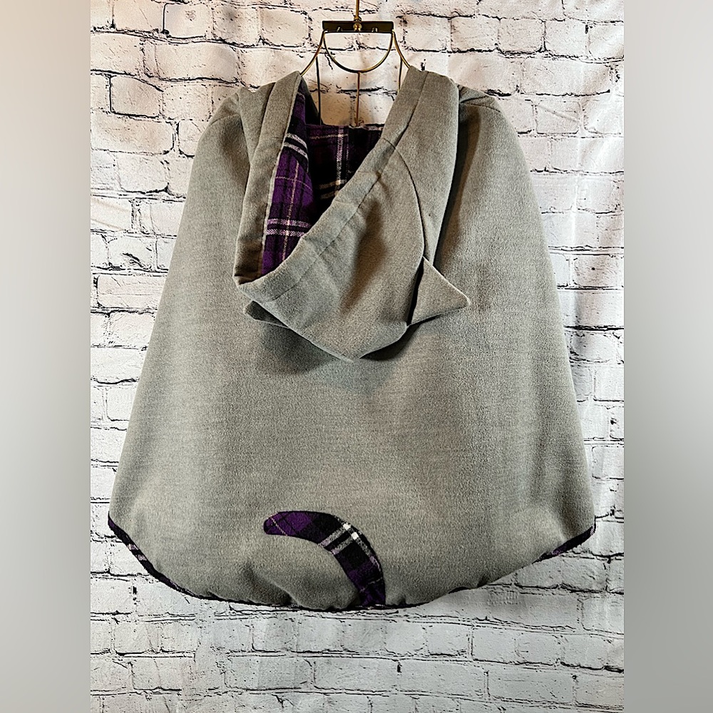 Gray Cat Plaid Lined Hooded Cape with Button Arms Medium